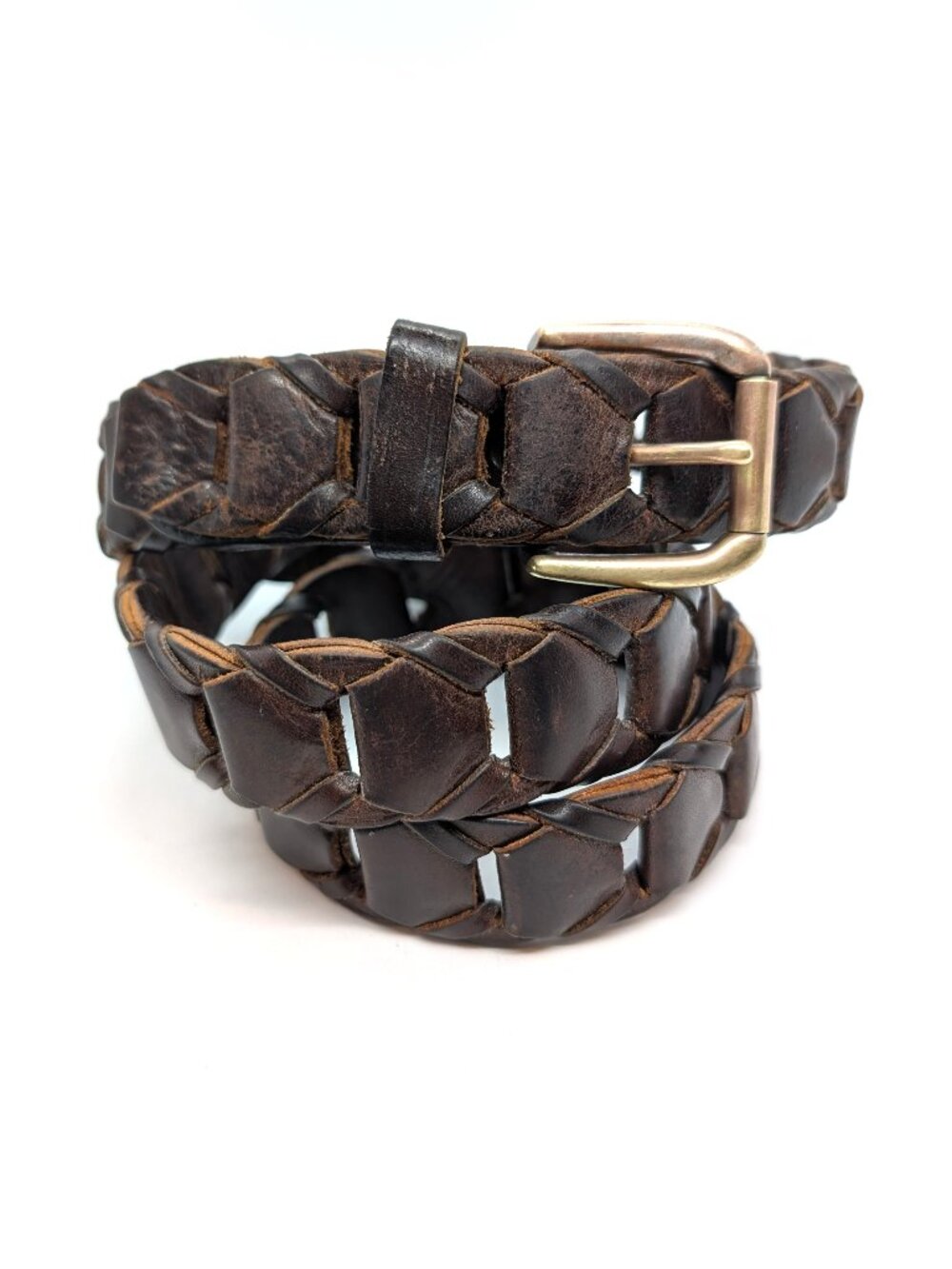 VTG Banana Republic Leather Link Belt Mens Sz Large Dark Brown Brass Buckle Logo